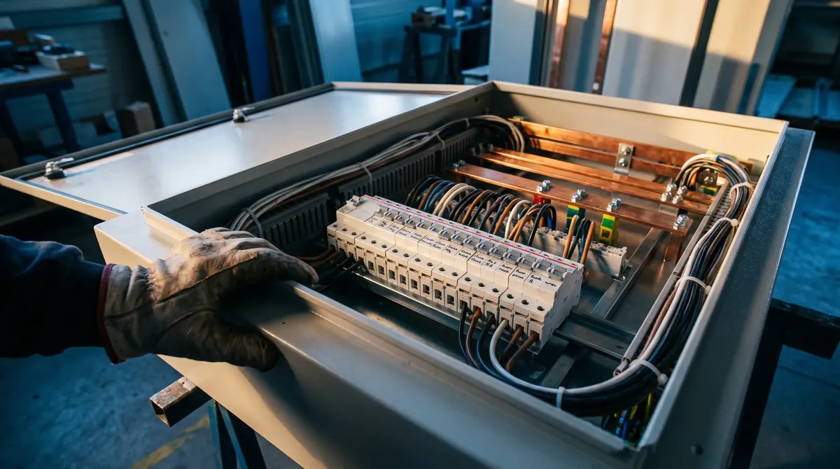 Tablero eléctrico abierto con sus automáticos rotulados y las barras de cobre a la vista